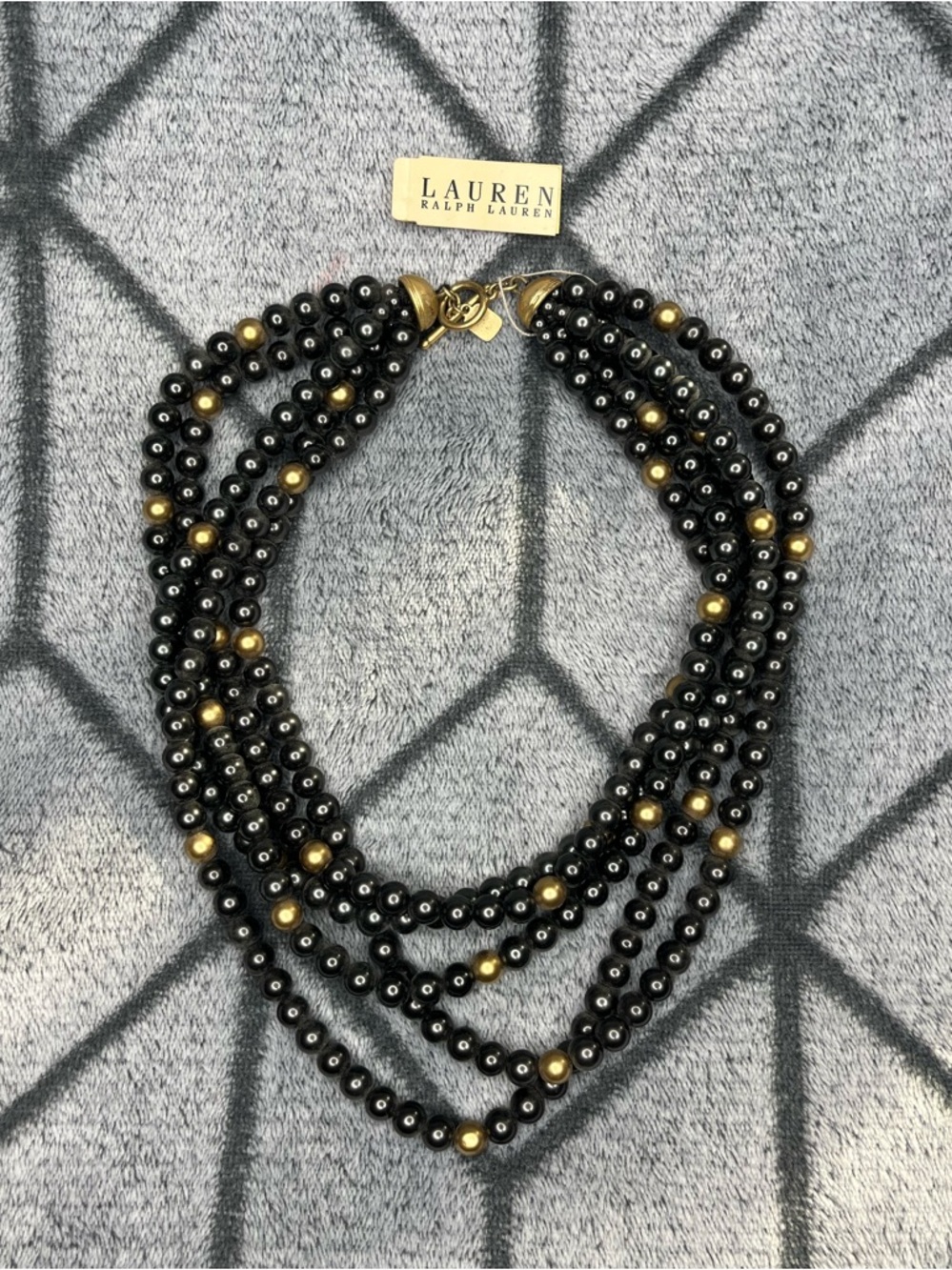 Lauren Ralph Lauren Black Gold Beaded MultiStrand Fashion Statement Necklace NWT